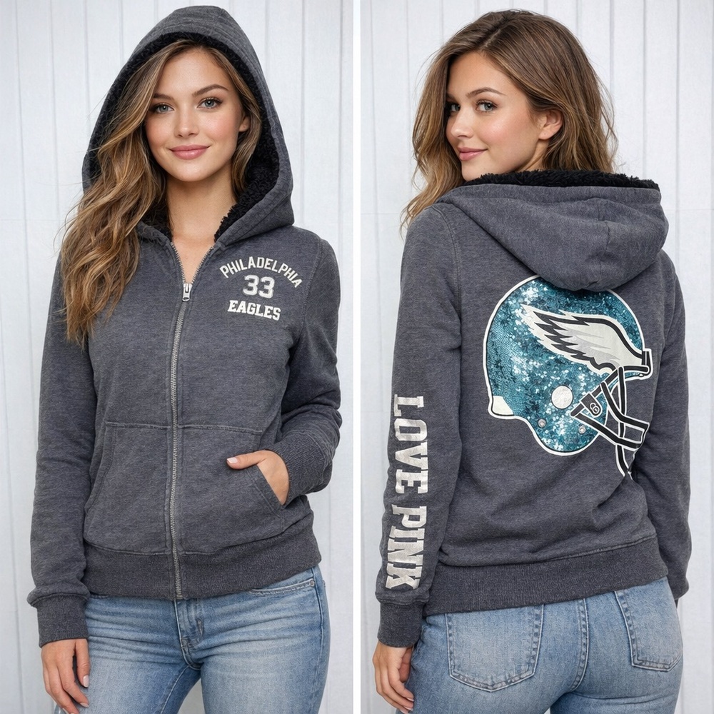 Philadelphia Eagles‎ Y2K Pink Victoria’s Secret Jacket Size S NFL Hooded Sherpa